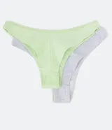Kit de dos bombachas bikini hilo doble en algodón, una color gris y otra verde claro, ambas con cintura elástica y moño rosa decorativo.