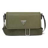 Bandolera Guess modelo Viviette, color verde oliva, confeccionada en PVC con correa de tela ajustable. Presenta logo triangular metálico en el frente, cierre superior y bolsillos internos.