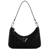 Cartera de mano Guess Zalina color negro con apliques brillantes. Tiene asa corta, correa larga desmontable, cierre superior y logo triangular metálico en el frente.