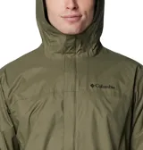 Campera impermeable Columbia Watertight II color verde oliva para hombre, con capucha ajustable, cierre frontal con cremallera, bolsillos laterales con cremallera, puños ajustables con velcro y dobladillo ajustable con cordón. Se puede guardar en su propio bolsillo. Cuenta con tecnología Omni-Tech™ que la hace impermeable y transpirable.
