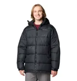 Campera puffer negra de Columbia, modelo Pike Lake, para hombre. Cuenta con capucha ajustable, cierre frontal completo, bolsillos laterales con cierre y tecnología termorreflectante Omni-Heat.