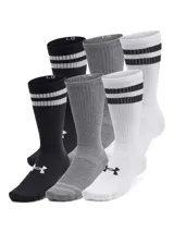 Pack de seis pares de medias Under Armour Essential unisex, de largo medio, en colores blanco, negro y gris. Tres pares son lisos y tres pares tienen rayas horizontales en la parte superior.