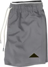 Short de baño azul con cintura elastizada, cordón de ajuste y logo de triángulo amarillo en la pierna derecha.