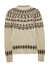 Sweater de lana de alpaca y oveja color crudo con diseño geométrico en tonos marrones.