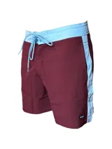 Short de baño azul con cintura gris y cordón ajustable.