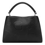 Bolso tipo satchel negro con textura repujada con el logo de la marca. Tiene asa de mano rígida y correa de hombro ancha regulable en blanco y negro.