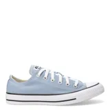 Championes Converse Chuck Taylor All Star de caña baja, color celeste, con cordones blancos y suela de goma blanca con línea negra.