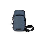 Bandolera porta celular color azul con efecto denim, con dos compartimentos con cierre y correa regulable de elástico.