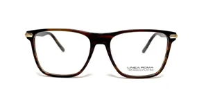 Anteojos de acetato color carey con forma rectangular y detalles dorados en las esquinas. Modelo 115 col 2 de Linea Roma, con baño de oro de 18K.