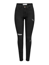 Pantalón de jean negro de tiro alto, corte skinny y largo hasta el tobillo. Presenta roturas en las rodillas y muslos.