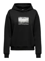 Sudadera negra con capucha, calce regular, hombros caídos, mangas largas y puños acanalados. Estampado en la espalda con una imagen y la frase "BE AFRAID & DO IT ANYWAY".