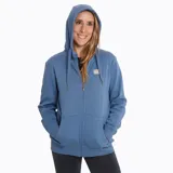 Buzo con capucha azul, con cremallera frontal, bolsillos delanteros abiertos, ribete en mangas y cintura, cordones ajustables en el gorro.