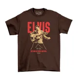 Remera de algodón color marrón con estampado gráfico de Elvis Presley tocando la guitarra.