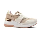 Championes Korium Kali color beige con detalles dorados, plataforma blanca y suela rosa.