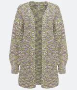 Saco alargado de punto con abertura frontal, tejido con hilo metálico y diseño multicolor en tonos verde y lila.