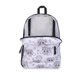 Mochila Jansport modelo Cross Town de 26 litros, color blanco con estampado de dibujos en negro. Incluye logo de la marca en el frente, bolsillo frontal con cierre, un compartimento principal con cierre y un bolsillo lateral de malla.