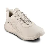 Zapatillas deportivas Skechers Bobs Sport Squad Chaos - Brilliant Synergy, color beige, con cordones, capellada de malla y material sintético, plantilla Skechers Memory Foam y suela flexible con tracción.