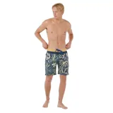 Short de baño azul con estampado de flores y palmeras en tonos beige, celeste y marrón. Cuenta con cintura en contraste color beige y cordón de ajuste azul.