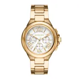 Reloj Michael Kors modelo Camille, con caja y pulsera de acero inoxidable color dorado, esfera blanca con números romanos y tres subesferas.