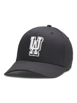 Gorro negro de sarga de algodón con logo bordado en blanco en el frente. Tiene visera curva y cierre ajustable en la parte posterior.