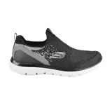 Zapatilla deportiva Skechers Summits Daily Flourish, color negro con detalles en gris y blanco. Capellada de tejido de punto suave, plantilla Air Cooled Memory Foam y entresuela flexible.