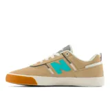 Zapatillas de skate New Balance Numeric modelo 306, color beige con detalles en turquesa, blanco y marrón. Confeccionadas en gamuza y material sintético, con logo "N" en los laterales y suela de goma.