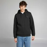 Buzo negro con cremallera frontal, capucha y diseño moderno para un look casual.