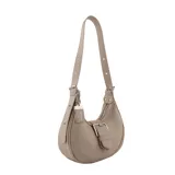 Bandolera color beige con correa regulable y desmontable, llavero desmontable y organizador interno.