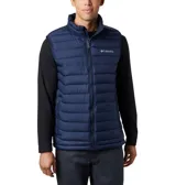 Chaleco Columbia Powder Lite para hombre, con tecnología Omni-Heat reflectante, aislamiento Thermarator, tela resistente al agua, ribete en cuello y puños, bolsillos con cierre y dobladillo ajustable. Diseño en dos tonos: verde oliva en la parte superior y amarillo en la parte inferior.
