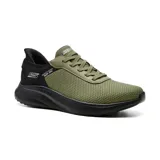 Championes deportivos Skechers Slip-ins Bobs Sport Squad Chaos, color verde oliva con detalles en negro. Capellada de tejido técnico con cordones elásticos, plantilla acolchada Memory Foam y tecnología Hands Free Slip-ins para calzar fácilmente.