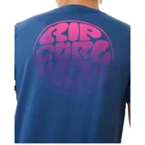 Remera azul de manga corta con cuello redondo y estampado pequeño en el pecho con un círculo que contiene una puesta de sol.