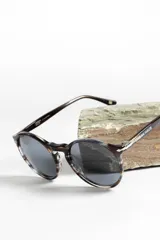 Lentes de sol unisex con montura redonda negra y lentes degradadas de gris a transparente.