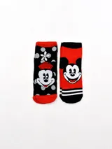 Pack de dos pares de medias de algodón con diseño de Mickey Mouse. Un par es negro con lunares grises, detalles en rojo y dibujo de Mickey con gorro de marinero. El otro par es rojo con rayas horizontales negras y dibujo de la cara de Mickey.