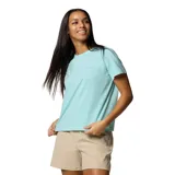 Remera celeste de manga corta con cuello redondo y logo de Columbia estampado en el pecho.