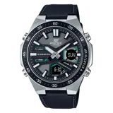 Reloj analógico-digital Casio Edifice, con caja plateada, dial gris y negro con detalles en verde, y correa de cuero negra.