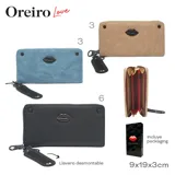 Billetera rectangular azul con cierre de cremallera, aplique metálico con forma de labios y llavero con la inscripción 'DREAMOUTLOUD'.