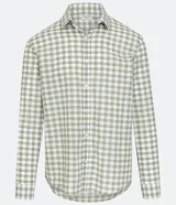 Camisa de hombre regular, confeccionada en algodón más sostenible, con cuello inglés, mangas largas, abotonada frontal y estampado de cuadros.