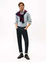 Camisa de manga larga Tommy Hilfiger con estampado Tattersal en tonos celeste y blanco. Confeccionada en tejido Oxford de algodón regenerativo, con cuello abotonado, cierre con botones y logo bordado en el pecho.