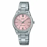 Reloj Casio para mujer, modelo LTPV005D-4B2UDF, con caja de acero plateado de 28mm, esfera rosa con números romanos y malla de acero plateado. Resistente al agua hasta 30m.