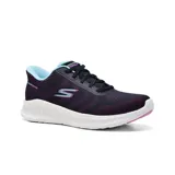 Championes deportivos Skechers Hands Free Slip-ins Go Walk Now Khloe para mujer, color negro con detalles en fucsia y celeste. Capellada de malla con cordones elásticos, plantilla Skechers Air-Cooled Goga Mat y amortiguación ULTRALIGERA.