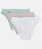 Pack de tres bombachas bikini de poliamida sin costuras, en colores blanco, rosa y verde agua.
