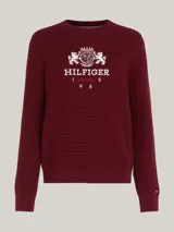 Sweater de estilo informal en color burdeos, confeccionado en punto gofrado con logo universitario bordado en el pecho.