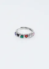 Anillo de aleación de metales con zirconias de colores en forma de corazón, ancho de 5mm.