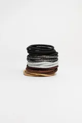 Pack de 12 gomitas finas para el pelo con lurex en colores surtidos: negro, plateado, dorado y marrón.