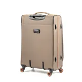 Valija mediana de tela color khaki con detalles en naranja. Tiene manija superior y lateral, candado TSA integrado, 4 ruedas y un bolsillo frontal con cierre. El interior está forrado y tiene un compartimento con cierre.