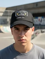 Gorra trucker negra con parche bordado con el texto "Refuse to Lose" y dos rayos dorados.