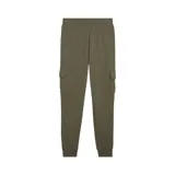 Pantalón de jogging color verde militar con cintura elástica ajustable, bolsillos laterales tipo cargo con solapa y logo de Puma estampado en blanco en el muslo izquierdo.