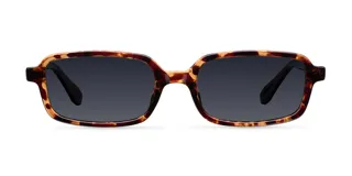 Gafas de sol rectangulares con montura carey y lentes negras polarizadas. El logo de Meller está presente en las patillas.