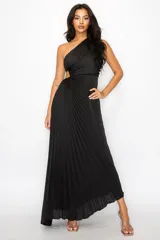 Vestido largo de fiesta negro con un solo hombro, corte en la cintura y falda plisada.