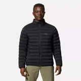 Campera verde oliva de plumas, con cierre frontal, bolsillos laterales con cierre y logo de la marca bordado en el pecho.
